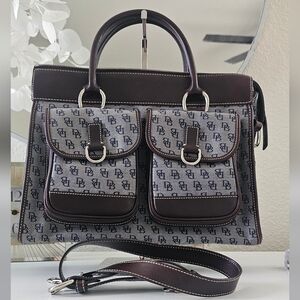 EUC Dooney & Bourke Vintage Blue Denim/Brown Leather Double Pocket Large Tote